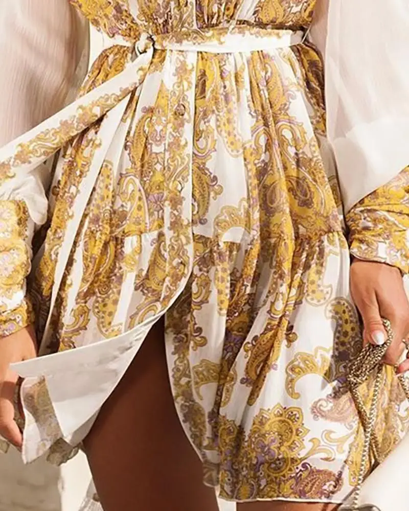 

Lantern Sleeve Retro Print Shirt Dress Wonen turn down collar long sleeve dresss autumn 2019 streetwear Eelegant robe femme