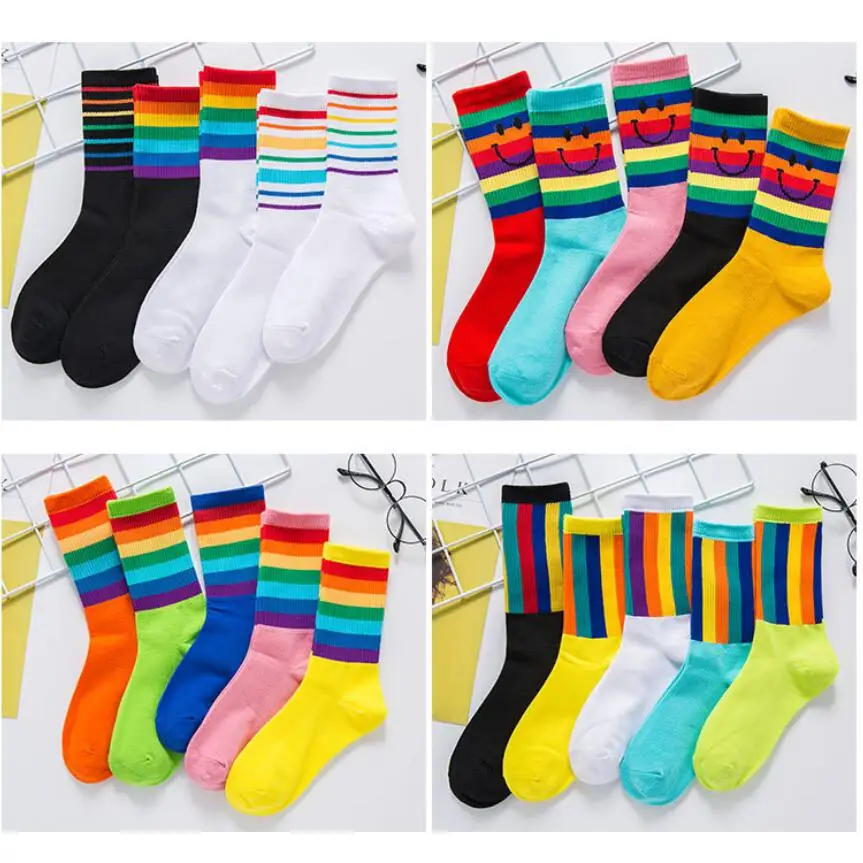 Women Solid Cotton Rainbow Prints Crew Socks Girls Simle Face Multi Color Sock Short Winter Socks Striped Ankle Socks 5pairs/lot