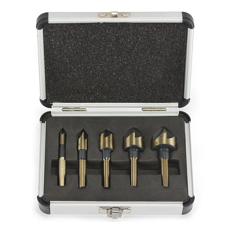 

Quality 5pcs Industrial M2 82 Degree Point Angle Countersink Drill Bit Set Flute Wood Chamfering Tool Cutter Chamfer Countersink