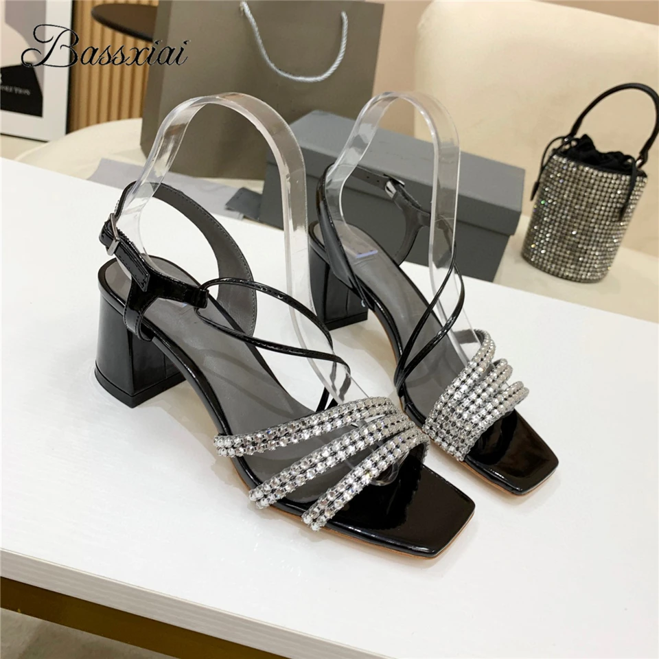 

Женские босоножки Стразы с узкими ремешками Jeweled, Сексуальные Босоножки с открытым носком на квадратном каблуке, летние модельные сандалии ...