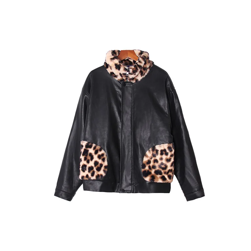 

Zipper Jackets Winter 2020 New Two-sided PU Leather Coats Women Loose Leopard Fur Integrated Locomotive Leather Women Fur Coats