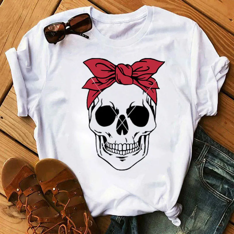 

90s Girls White Tees Shirt Flower Skull Print T-shirt Female Summer Short Sleeve Tee Tops Cute T-shirts Harajuku Women T Shirt