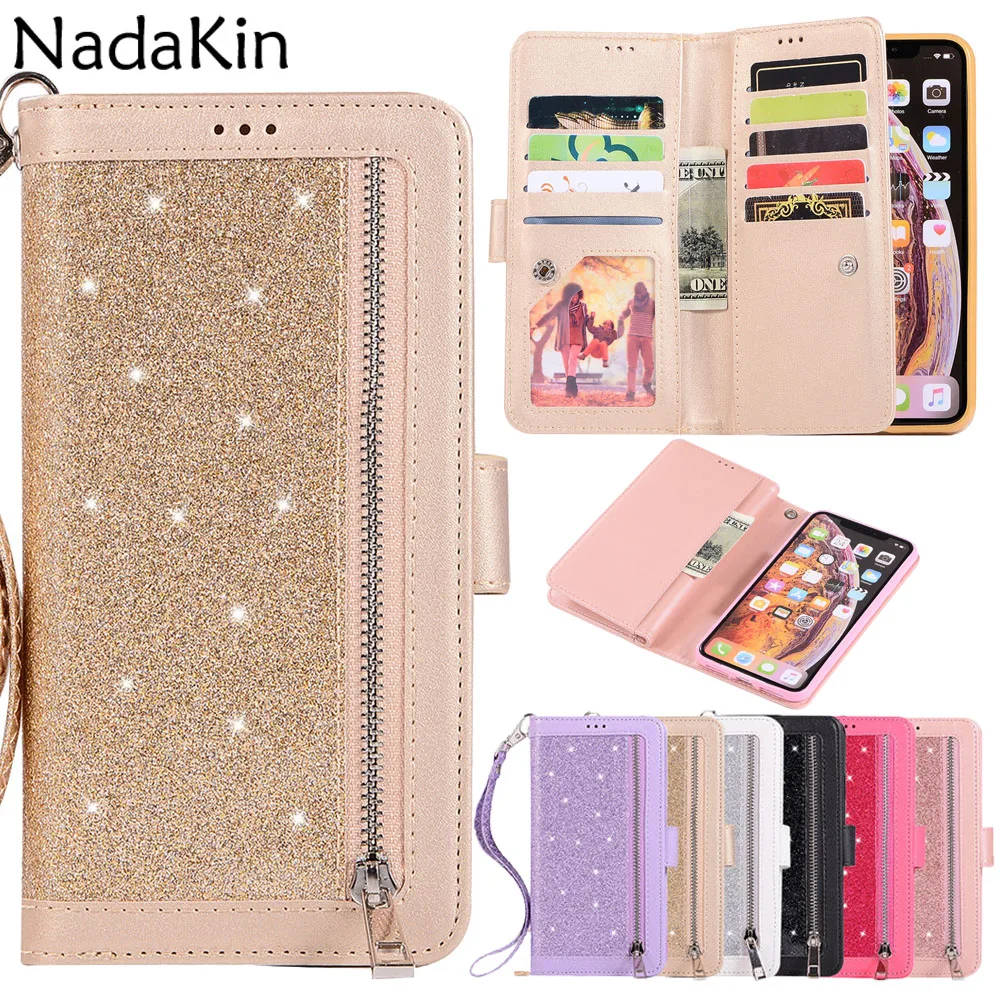 Роскошный блестящий кошелек на молнии чехол книжка для iPhone 11 Pro X XS MAX XR 6 6S 7 8 Plus