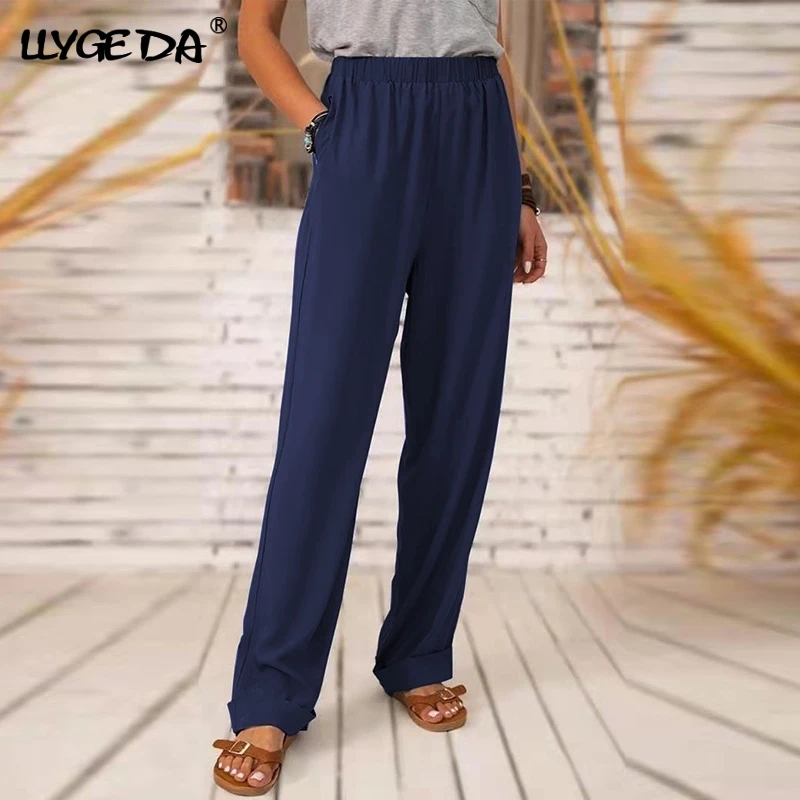 

Elastic Waist straight-leg Women's Pants Loose Solid Pocket Trousers For Female 2021 Spring Summer Fashion Casual Female Pant