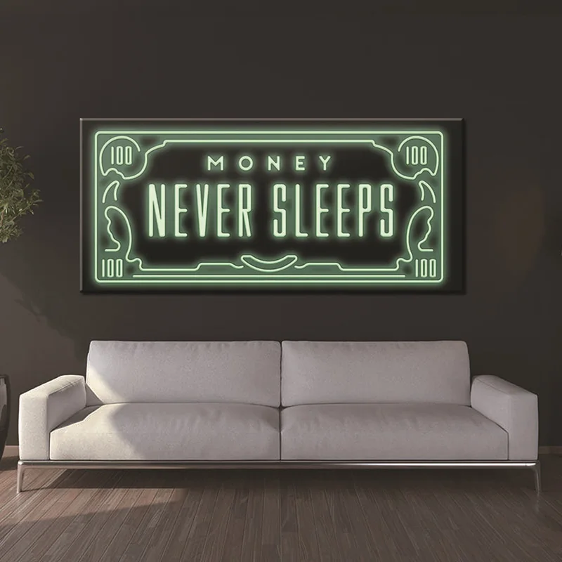 

Modern Artwork Poster And Prints Wall Art Canvas Paintings Black Green Flash Money Never Sleeps Canvas Painting For Home Decor