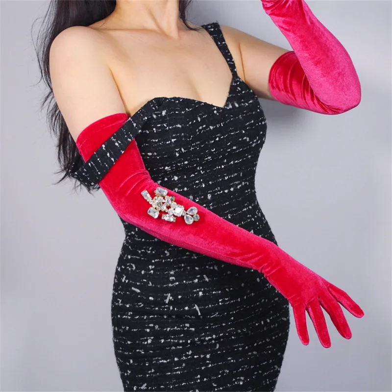 

Velour Long Gloves 60cm Pink Rose Red Female High Elastic Swan Velvet Gold Velour Touchscreen Women Gloves Free Shipping