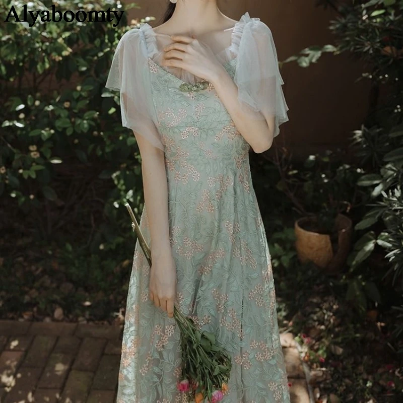 

2021 New Summer Women Classical Midi Dress Ruffled Collar Floral Embroidery Chic Dress Short Sleeve Mesh Elegant Party Dresses