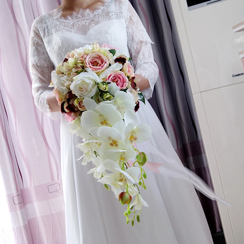 Waterfall Water Drop Type Bouquet Pink White Wedding Flowers Bridal Bouquets Artificial Rose Pr | Свадьбы и торжества