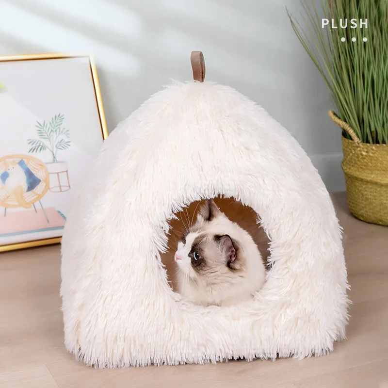 

Long Plush Pet Cat Bed With Zipper Removable Cat Litter Sleeping House Winter Warm Small Dog Kennel