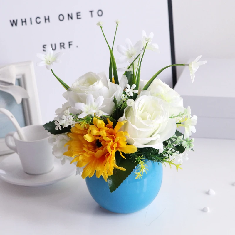 

Blue Artificial Flowers Ceramic Small Round Vase Silk Fake Floral Pot Cute Living Room Flores Artificiales Home Decor EB50JH