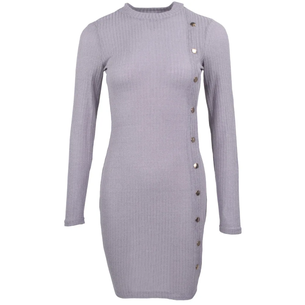 

Knit Sexy Dress Women Single-breasted Long Sleeves Turtleneck Sheath Solid Color Mini Dress Lugentolo