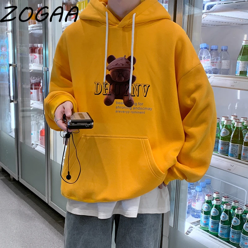 

Свитшот ZOGAA мужской с капюшоном, Модный пуловер, утепленная толстовка для студентов, с принтом медведя, большие размеры, в стиле Харадзюку