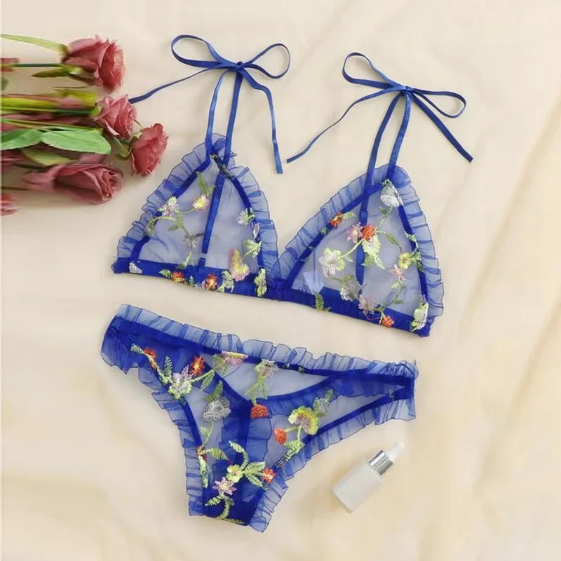 

Sexy Underwear Women Set Floral Embroidery Sheer Mesh Lingerie Set No bra Backless Bralette sexi Intimates Lace Bra Set