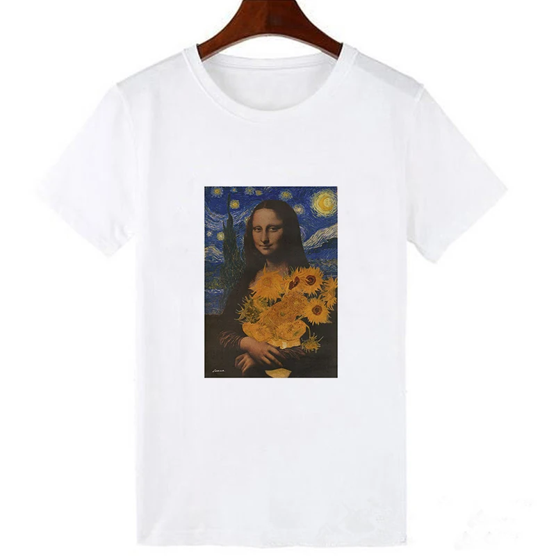 Lei SAGLY Mona Lisa smokes женские футболки художественная картина маслом Harajuku Эстетическая ulzzang негабаритная футболка Корейская одежда - Цвет: 19bk194-white