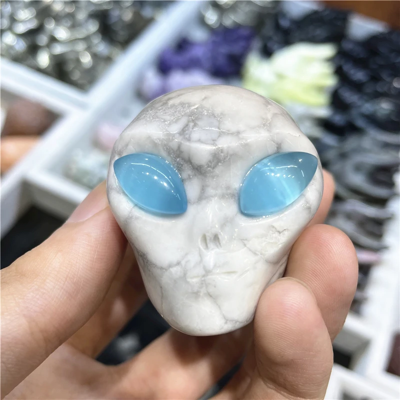 

Howlite Alien Skull Statue Healing Crystal Carvings Decoration Gemstone Spiritual Collection Natural Stone Carved Figurine