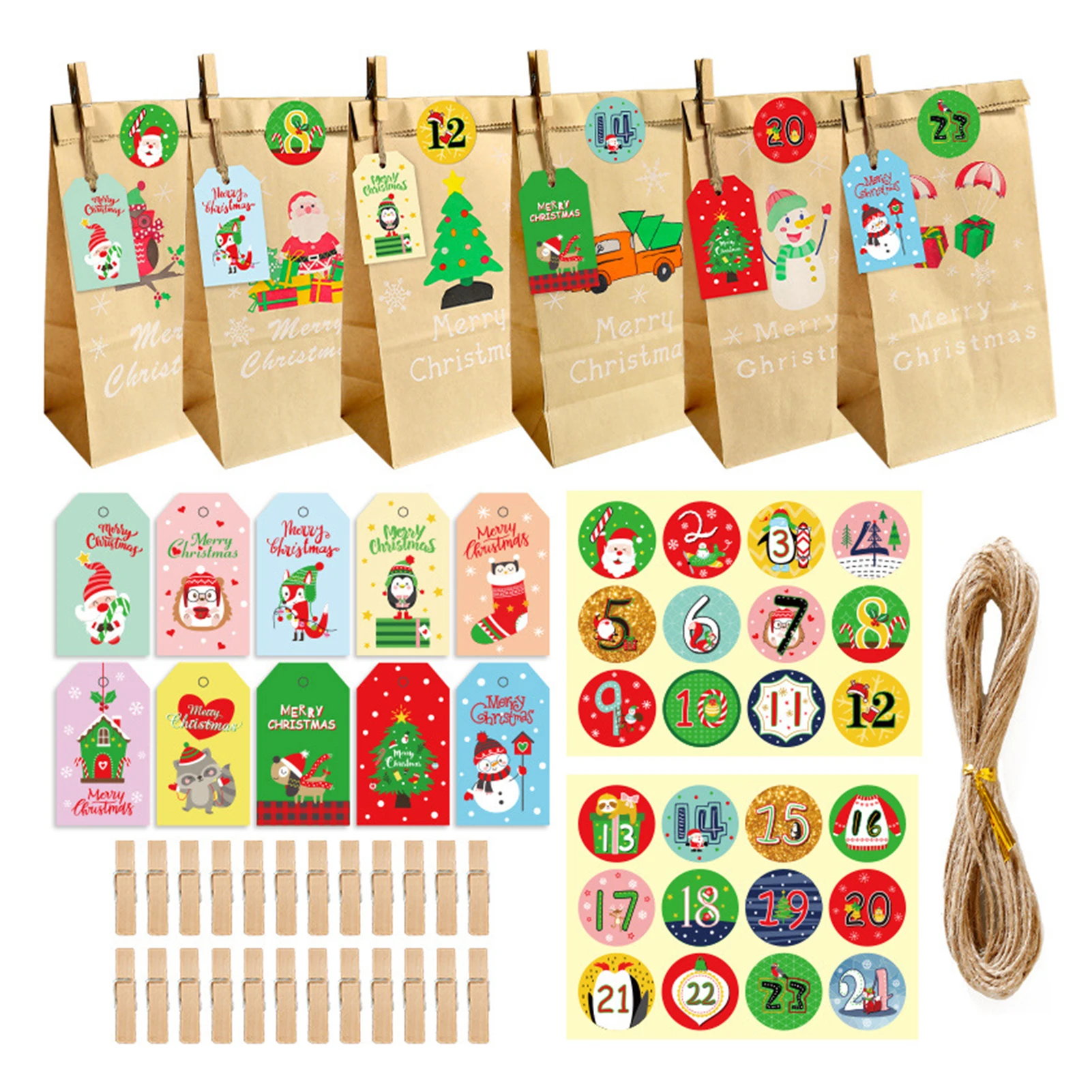 

24PCS Christmas Gift Bags Kraft Boutique Wrapping Paper Bags Clips Number Sticker design with Snowman Santa Claus Elk