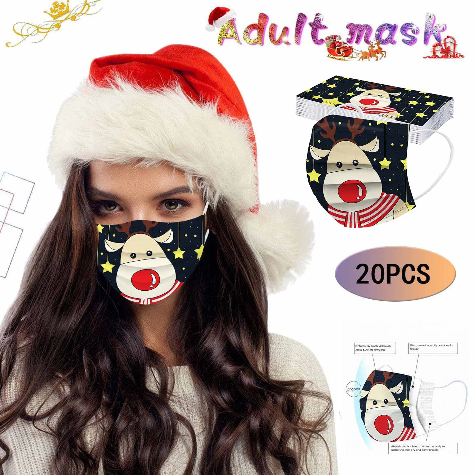 Маска для лица Нетканая одноразовая Пылезащитная с принтом оленя Рождества 20 шт.