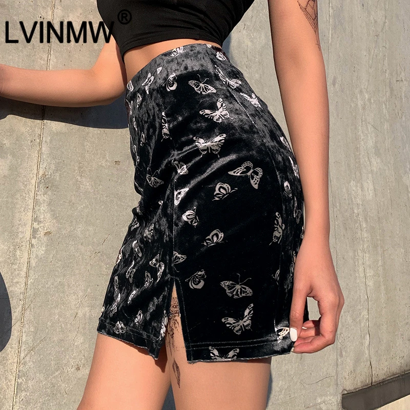 LVINMW сексуальные черные бархатные юбки с принтом бабочки 2020 весенние женские