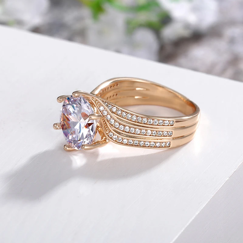 

Luxury Gold Color Engagement Rings For Women 6 Clows Setiing Dazzling Round Cut Zircon Stone Bride Wedding Ring Fashion Jewelry