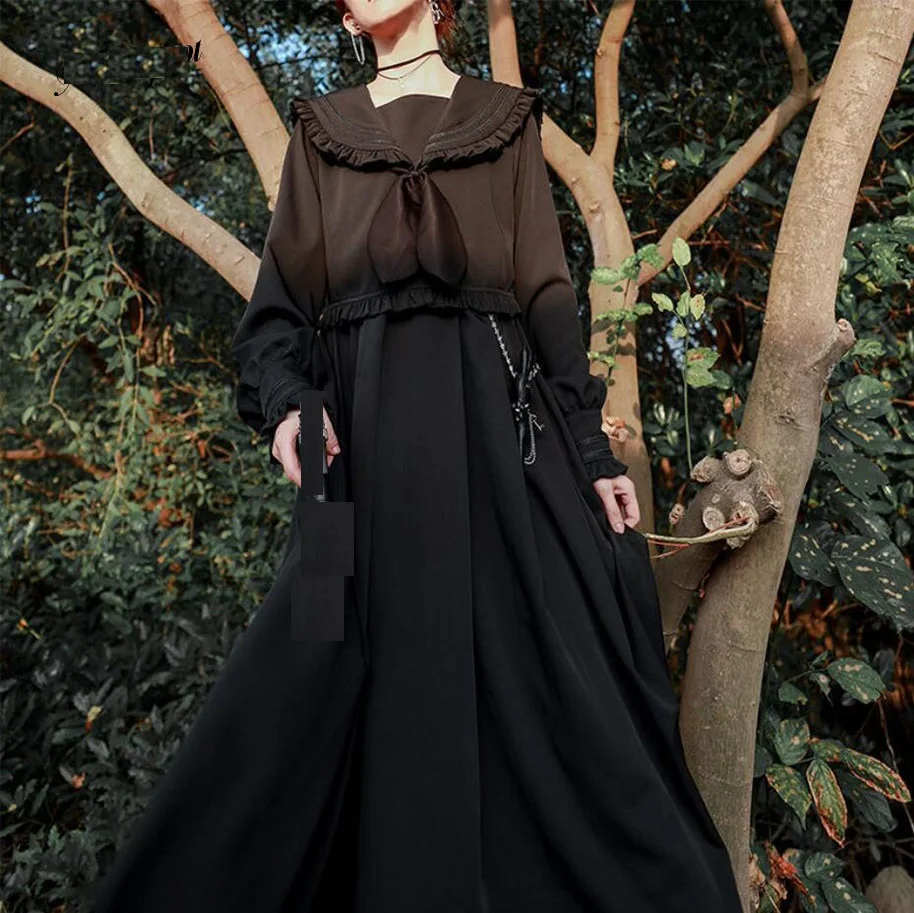 

Mothybot Fake Two Pieces Black Dress Of JK Uniform Dark Ladies Long-Sleeved College Style Dress For Girl