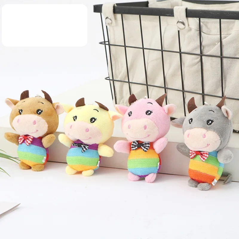 

Mascot doll creative cartoon cow animal cute wearing rainbow clothes 12cm bag decoration Pendant soft doll Couples gift