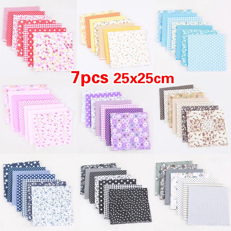 7pcs/set 9 Colors 25x25cm Handmade Bundle Patchwork Scrapbook Print Cotton Fabric Cloth Sewing Quilting Needlework DIY Gift Hot