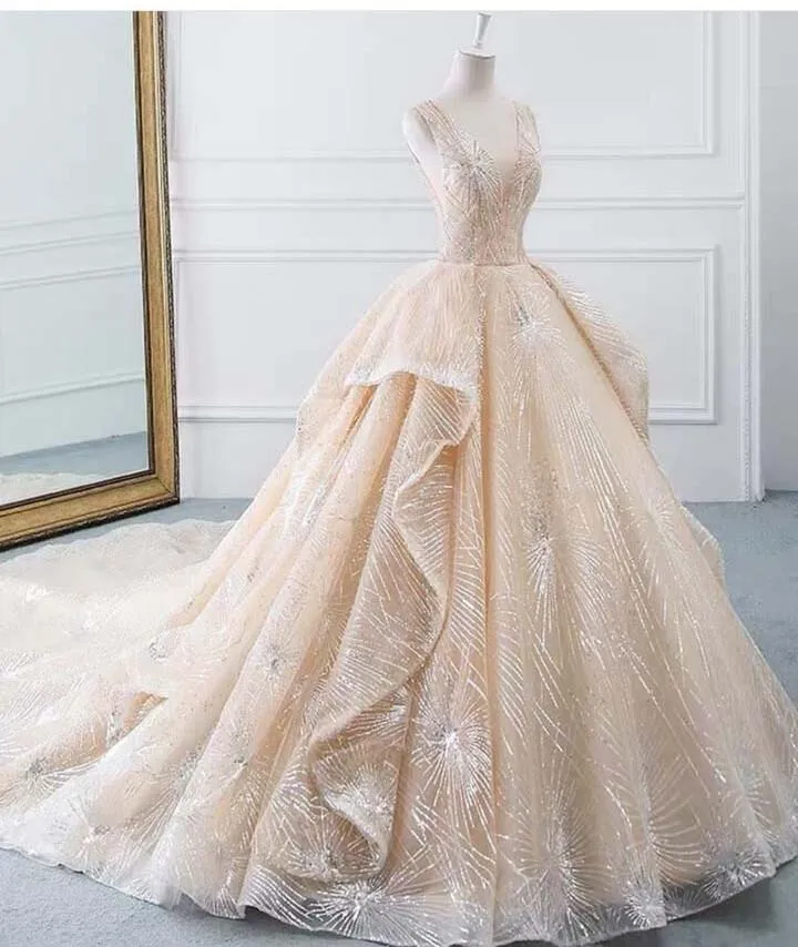 Glamorous Vestidos De Novias с v-образным вырезом, шикарное бальное платье с оборками без рукавов бежевый свадебный наряд