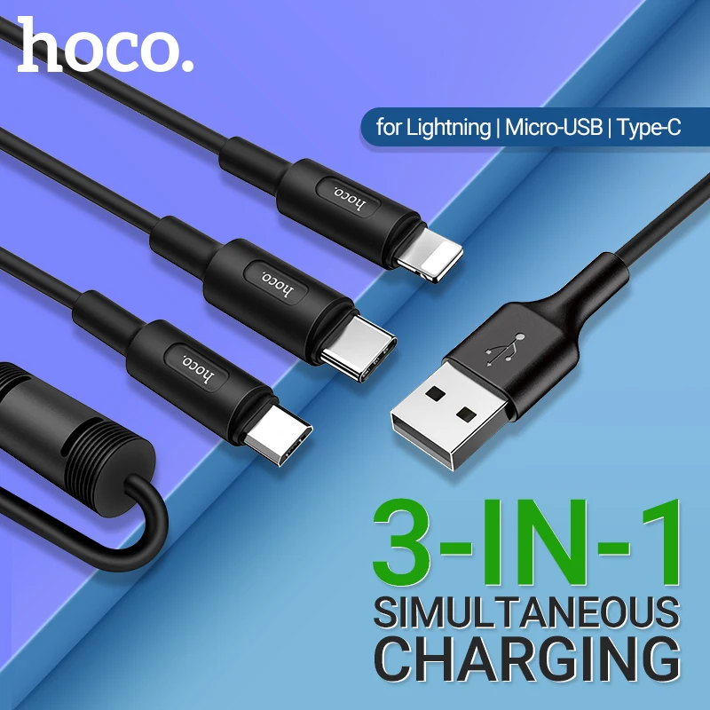 hoco usb 3 в 1 зарядный кабель для Lightning Type C Micro USB 1м ток 2A прочный зарядник юсб провод