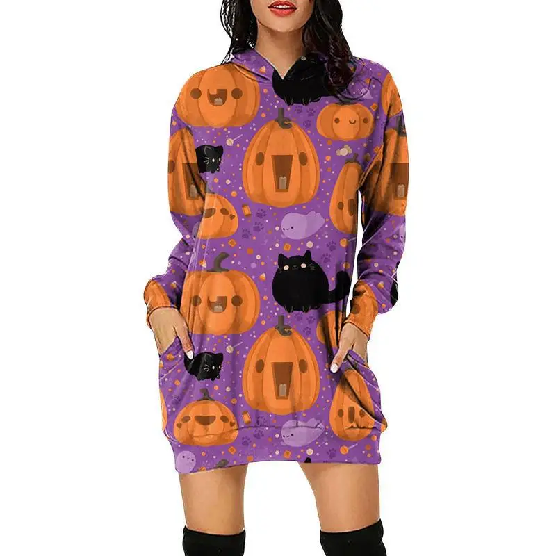 

Egood 2021 Hot Style Women's Fall/winter Fashion Style Halloween Digital High Street Print Sweater Hooded Long-sleeved Dress