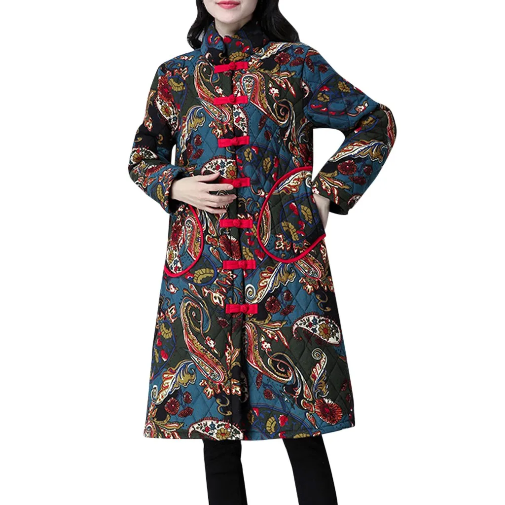 SAGACE зимнее женское теплое однобортное длинное пальто с принтом в фольклорном