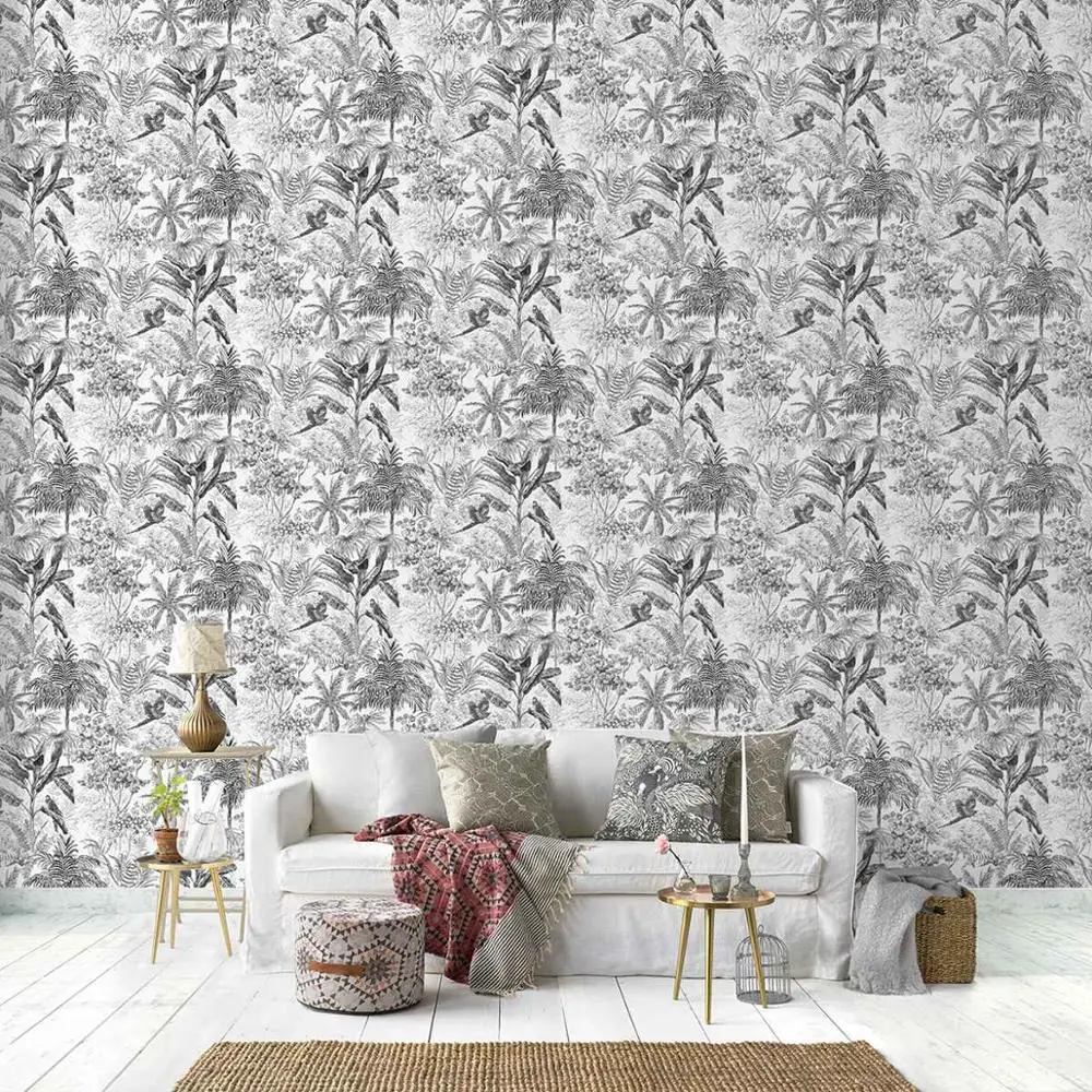 Черно белый скандинавский тропический обои птиц летать в Джунгли Лес PW423330104