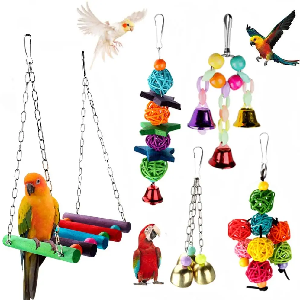 

5pcs Bird Parrot Toys Hanging Bell Pet Bird Cage Swing Toy Wooden Perch Chewing Toy for Small Parakeets Cockatiels Conures Macaw