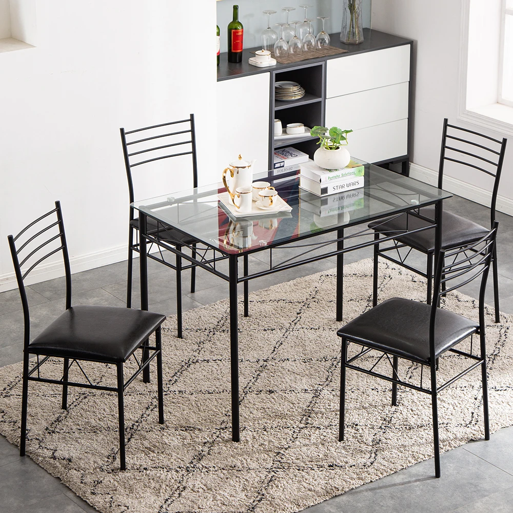 

Two Colors Dinning Table Set [110 x 70 x 76cm] Iron Glass Dining Table and Chairs Black One Table and Four Chairs PU Cushion