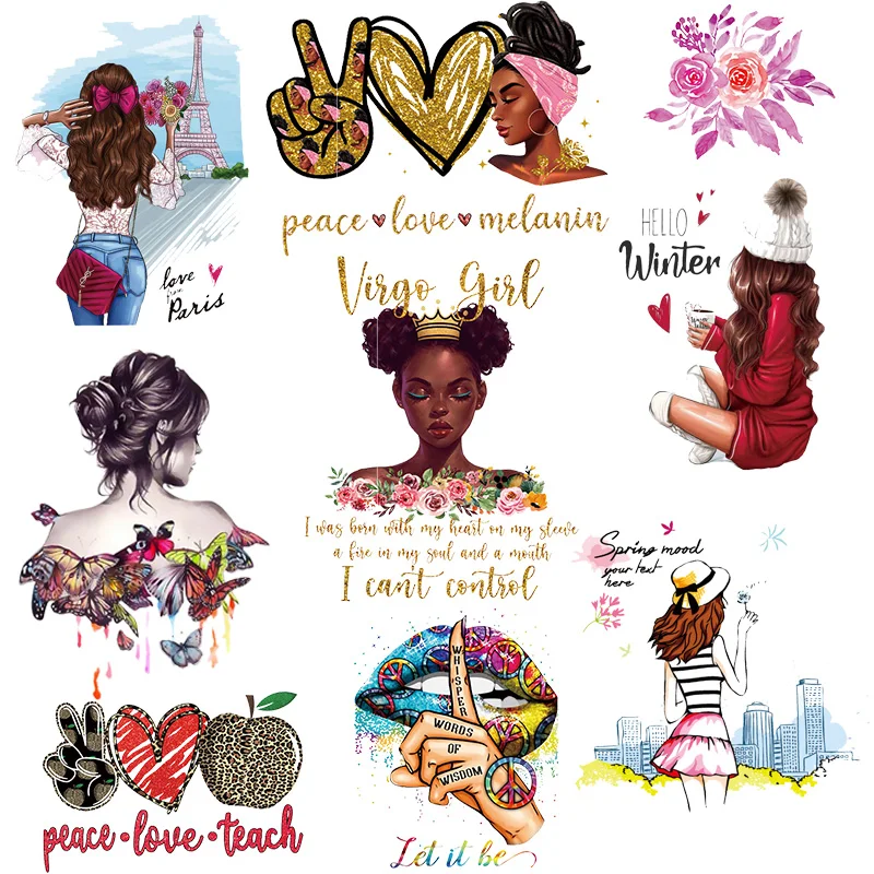 

Fashion Girl Patches Applique On Clothes Heart Tops Vinyl Heat Transfer Patches For T-Shirt Dresses Queen Transfer DIY Applique
