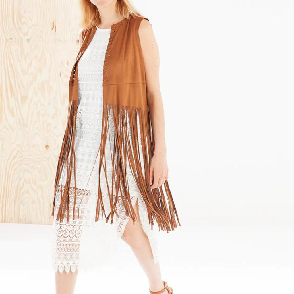 Женский велюровый кардиган однотонный замшевый жилет без рукавов с бахромой и