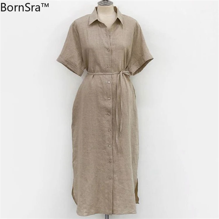 

BornSra New 2020 Women Summer Shirt Dress Casual 3 Colors Loose Fashionable Split Lace Up Cotton and Linen Long Dress