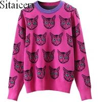 high quality runway designer cat print knitted sweaters pullovers women autumn winter long sleeve sweater sweet jumper wholesale