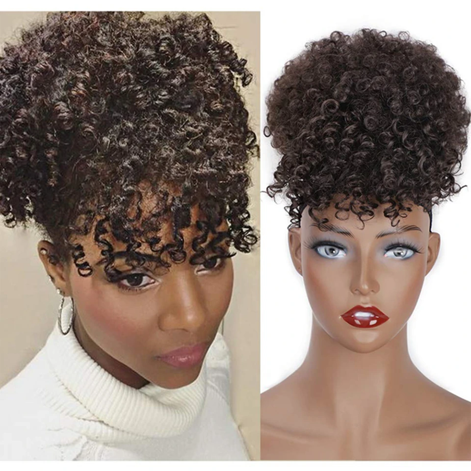 

Chignon With Bangs Kinky Afro Curly Puff Hair Bun Extensions Short Synthetic Hair Bun Chignons For Women Fake Hair Reshowbeauty