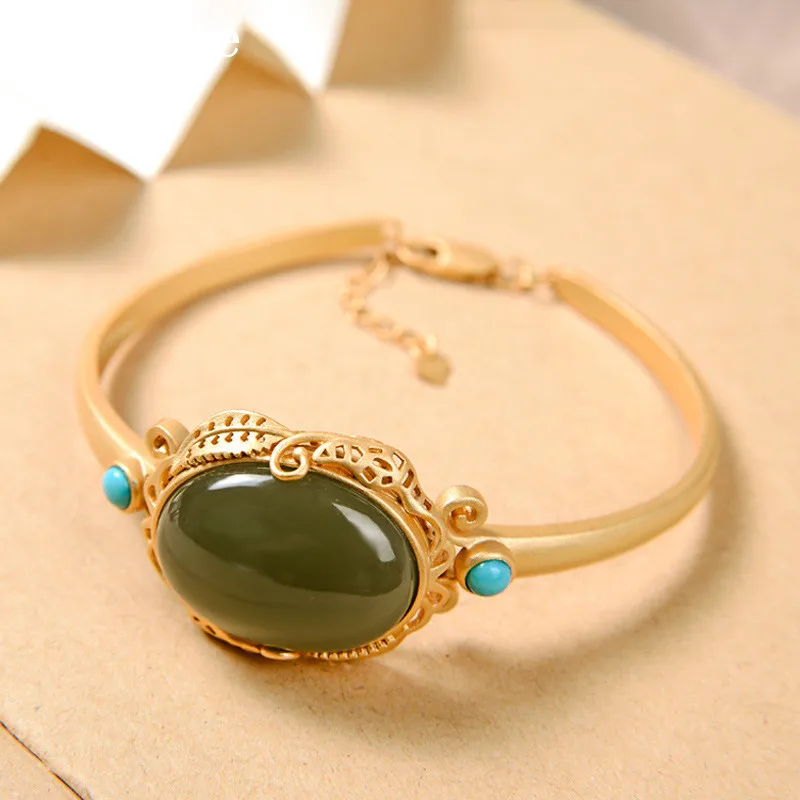 

Bastiee green Jade bangles 925 sterling silver bracelet for women ethnic hmong handle jewelry golden plated