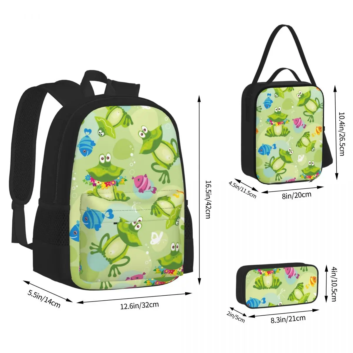 3PCS School Backpack Set Cute Frogs And Fish Bag Casual Student Backpacks Bags for Teenagers Boys Girls | Багаж и сумки