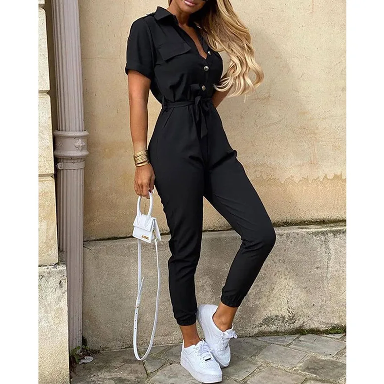 

2021 summer new style women's hot sale short-sleeved trousers casual lapel buttoned printed belt tooling overalls for ladies