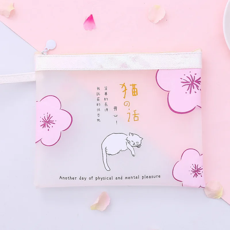 

A5 Cherry Blossom with Cat Transparent Cute File Pencil Bag Large for Girls Kid Office School Supplies Case Kawaii Stationery