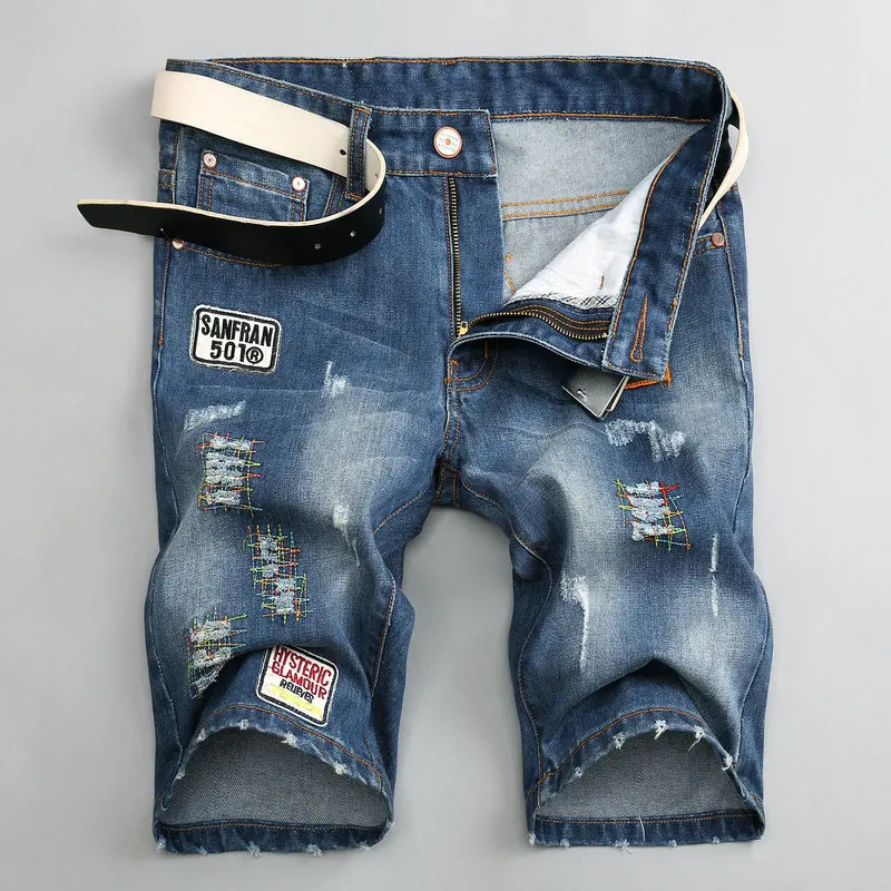 

Men Shorts Jeans Casual Badge Patches Embroidery Denim Slim Fit Short Jeans For Men Straight Knee Legth Summer Jeans Hommes