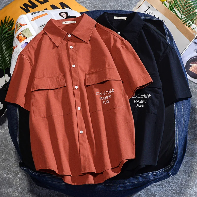 

Men Clothing 2021 Summer New Men's Shirt Fashion Brand High Street Embroidery Five-point Sleeves Loose Camisas Para Hombre