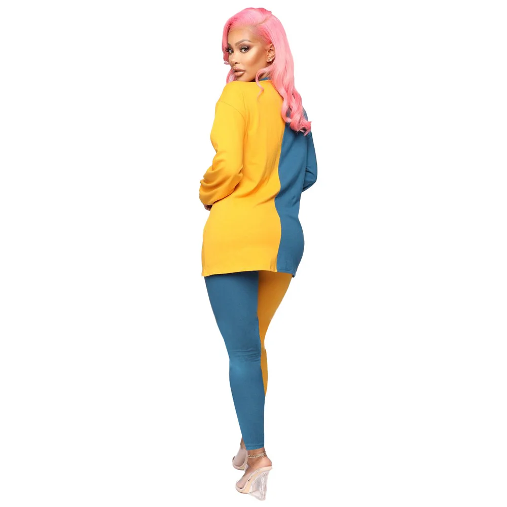 

Fashion Color Block Slim Fit Two Piece Matching Sets O Neck Long Sleeve Straight Tops and Bandage Ankle-Length Pencil Sportspant