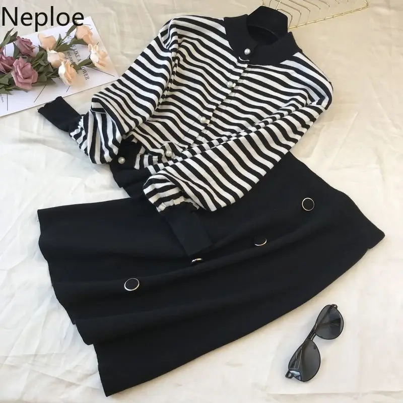 Neploe, маленький аромат, Chandal Mujer, винтажный, для взрослых, полосатый, вязаный, Женский комплект, Осень-зима, короткий кардиган+ широкие штаны, 46470
