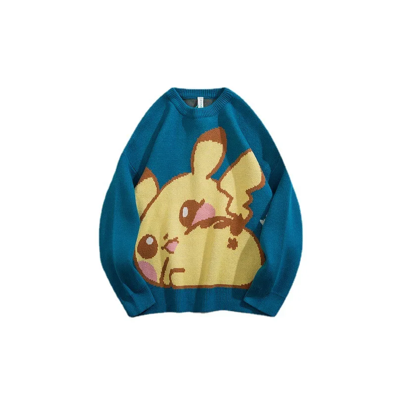 2021 korean fashion orange knitted sweater men harajuku cartoon pokemon print casual women pullovers gothic clothes for teens free global shipping