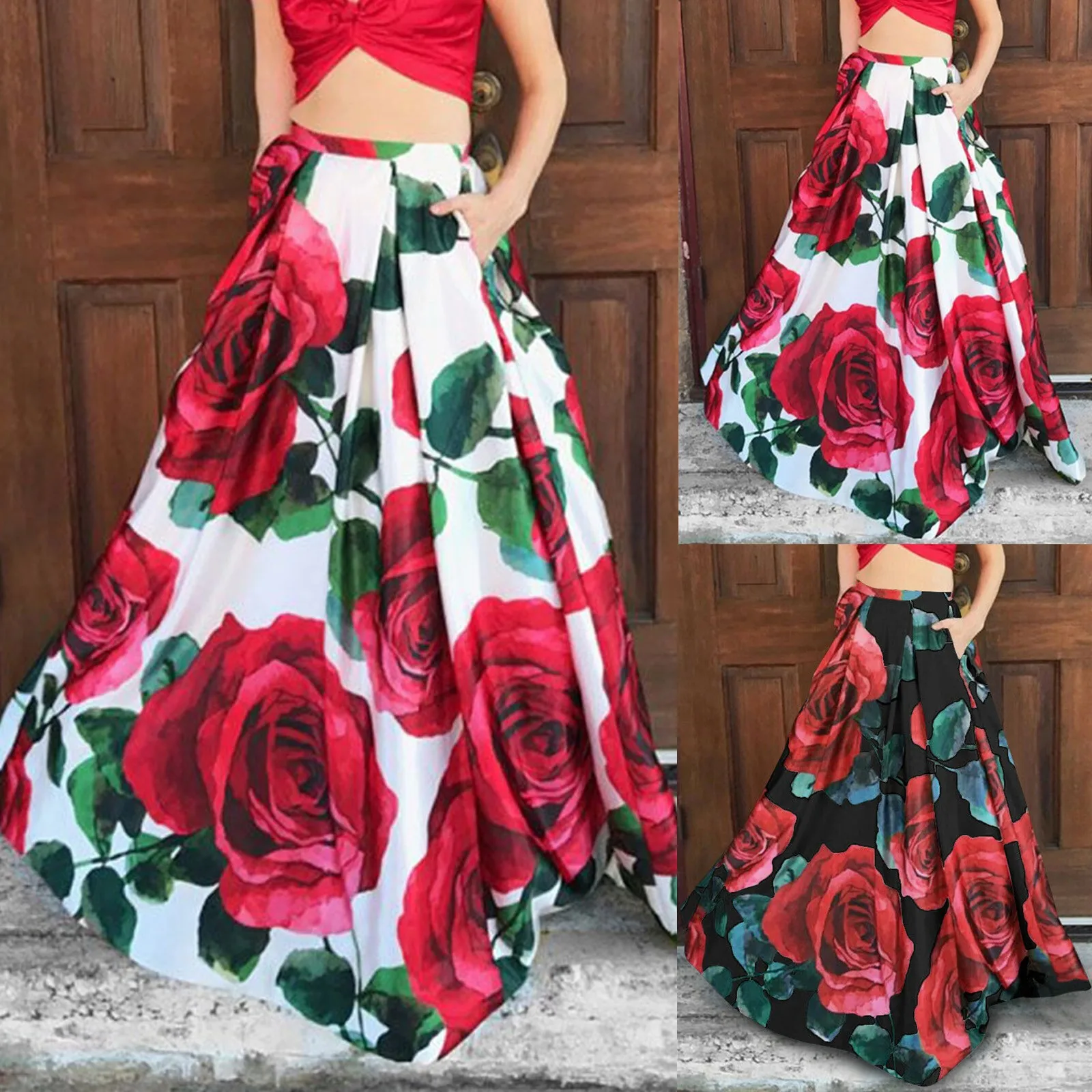 Fashion Flower Printed Women Bohemian Maxi Skirts High Waist Long Skirt Casual Loose Beach Party Buttoms Plus Size Dress 2021