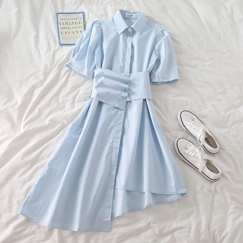 

Solid Irregular Shirt Dress Women Short Sleeve Turn-down Collar Button A-line Pleated Dress Summer Casual Slim Vestidos 2021 New