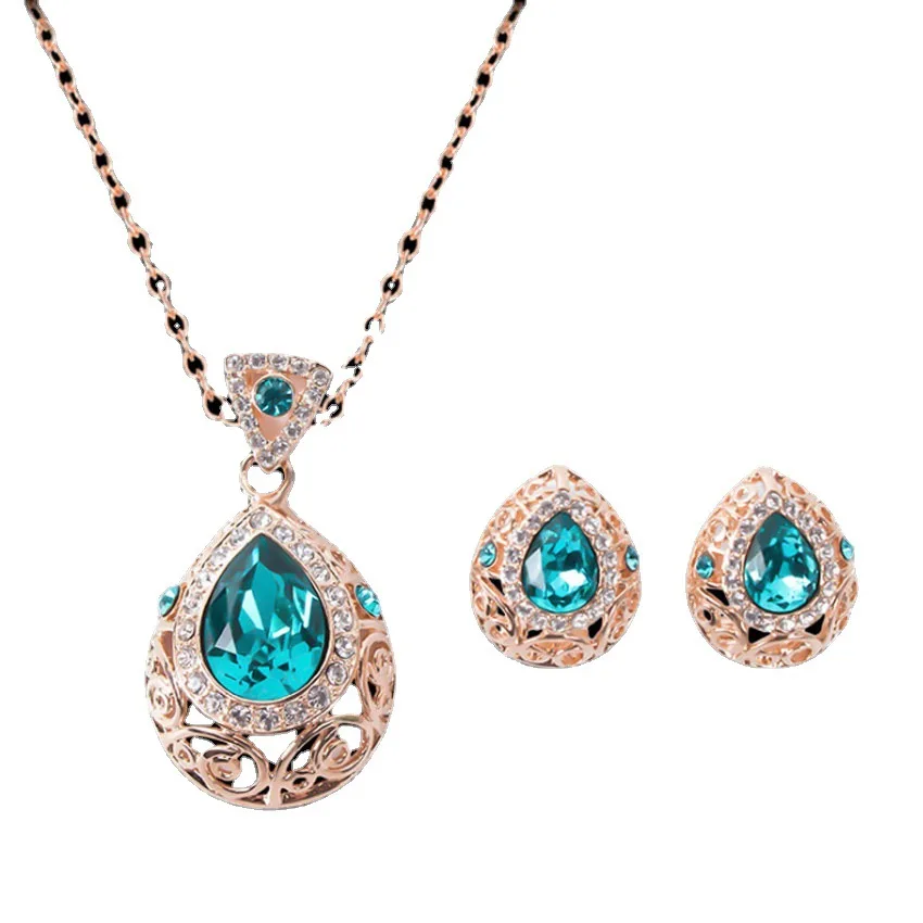 

Fashion trend gemstone water drop alloy Korean earrings electroplating women's necklace set leisure quality crystal necklace